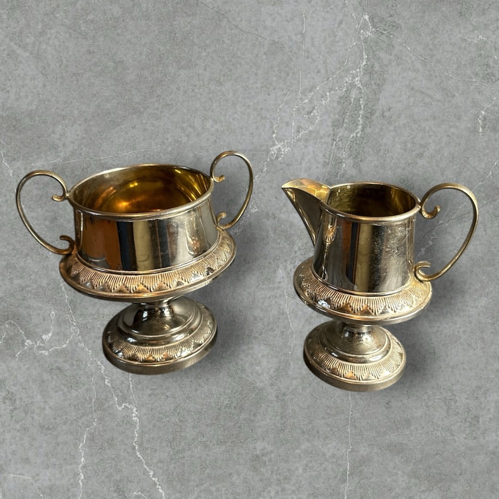 Antique ornate footed sugar and creamer set silver and gold plated Swedish 1940